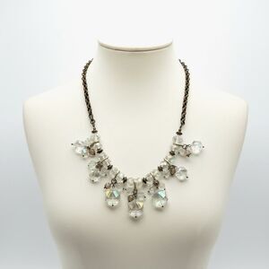 Vintage Bronze Tone Aurora Borealis AB Clear Crystal Cluster Cascade Bib Necklac